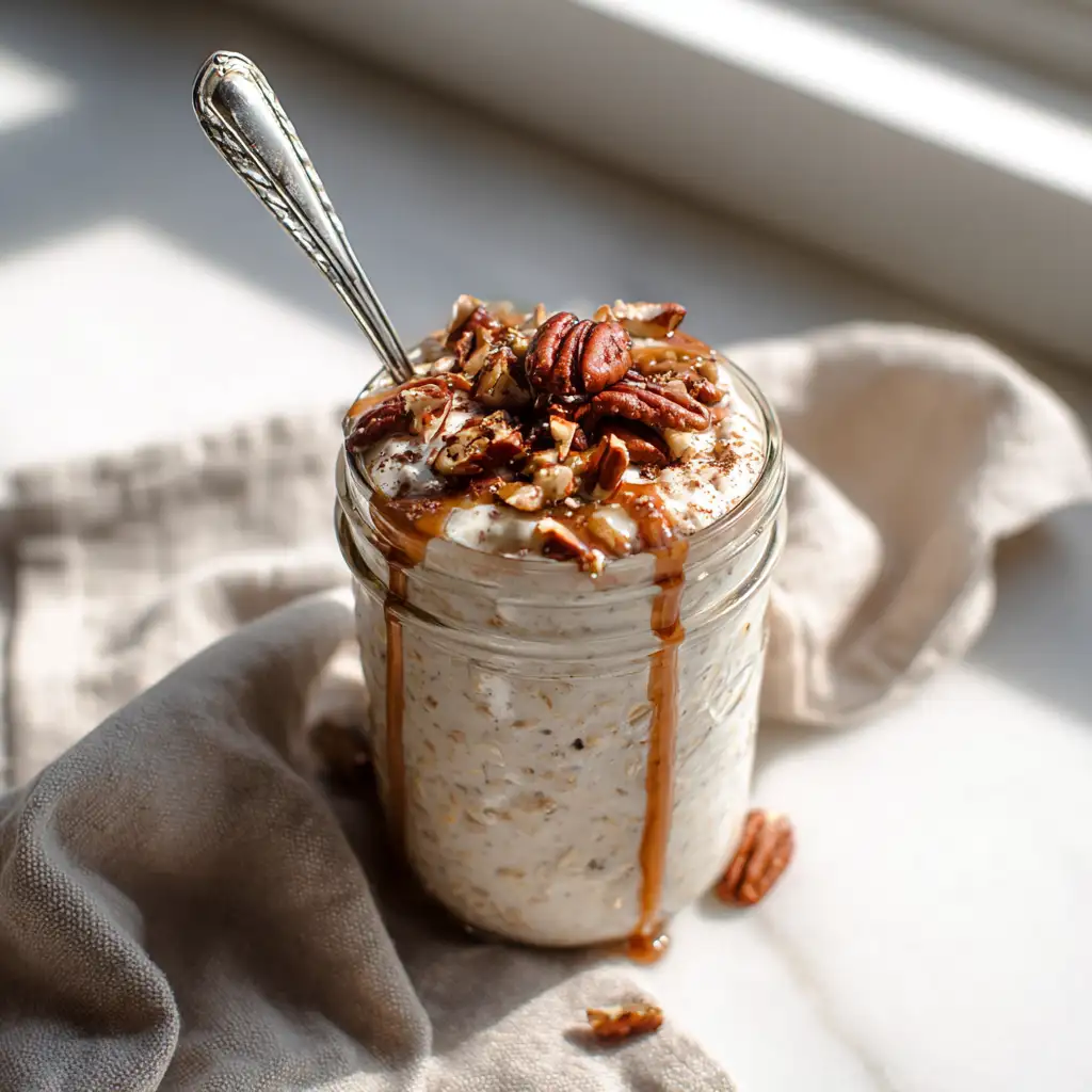 served cinnamon roll overnight oats in a jar