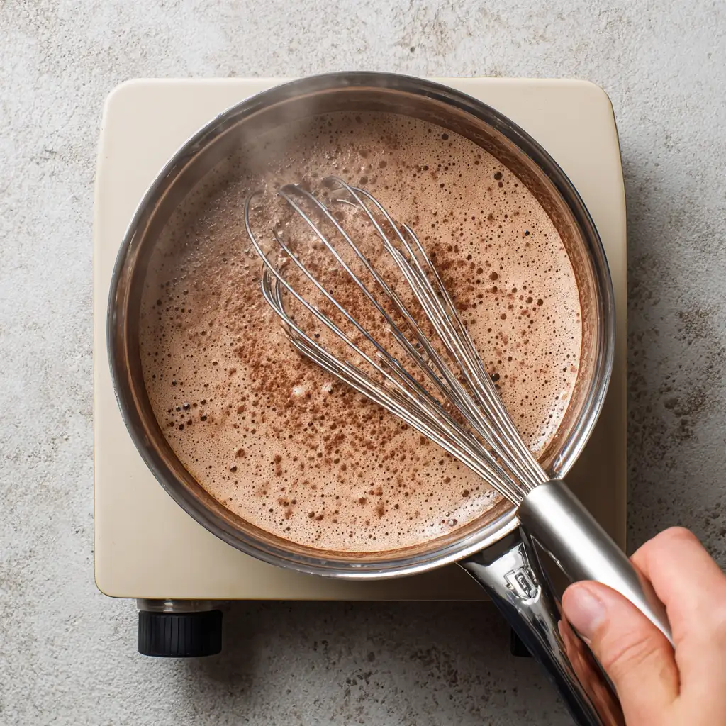 Whisking vegan chocolate pudding on stove