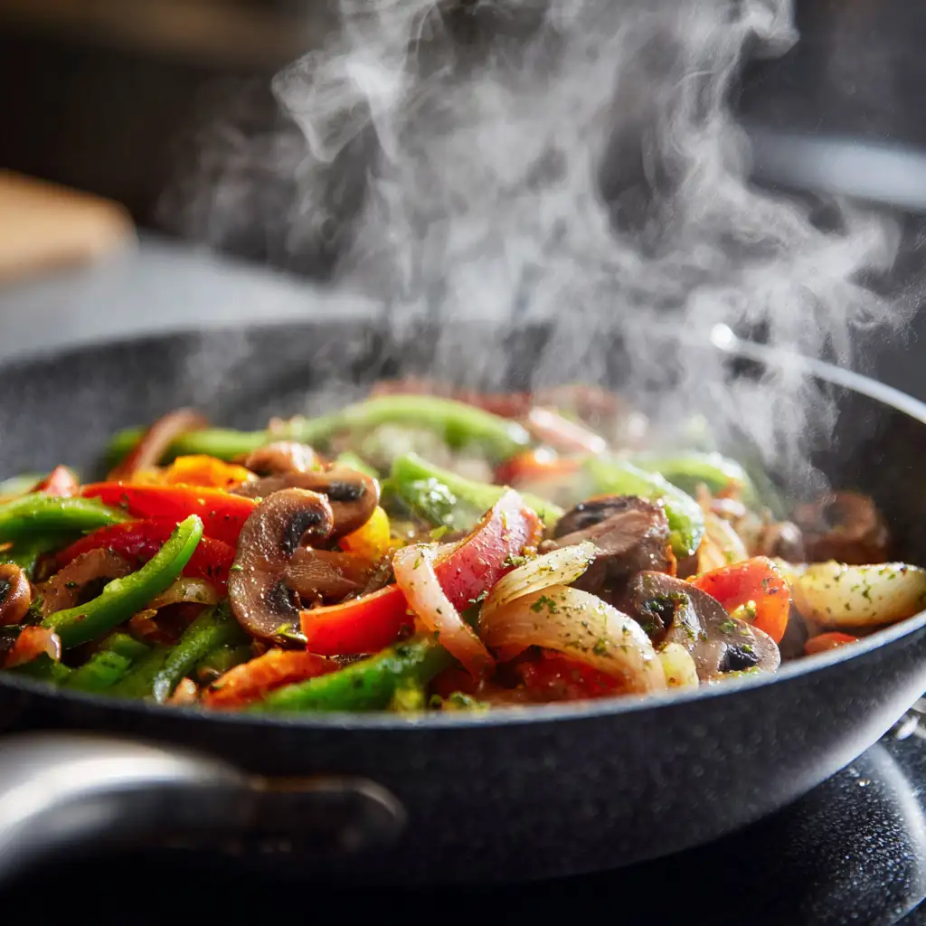 sautéed vegetables for veggie omelette in skillet