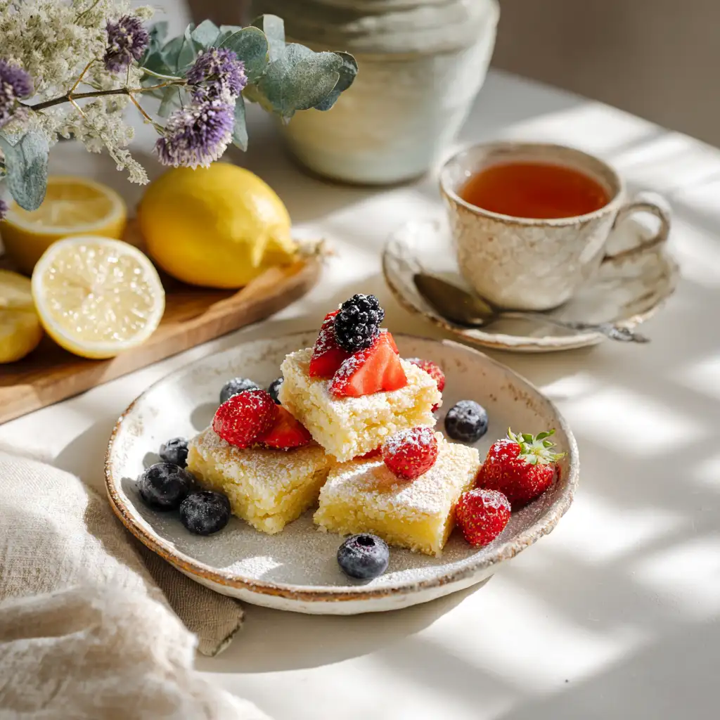 Served dairy free lemon bars with berries