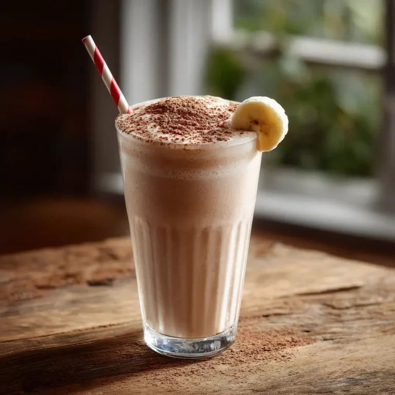 Dairy free milkshake in tall glass on rustic table