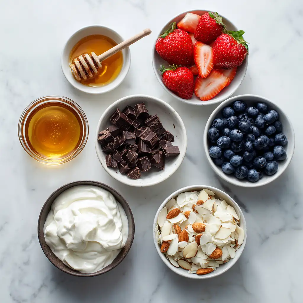 frozen yogurt bark ingredients on marble counter