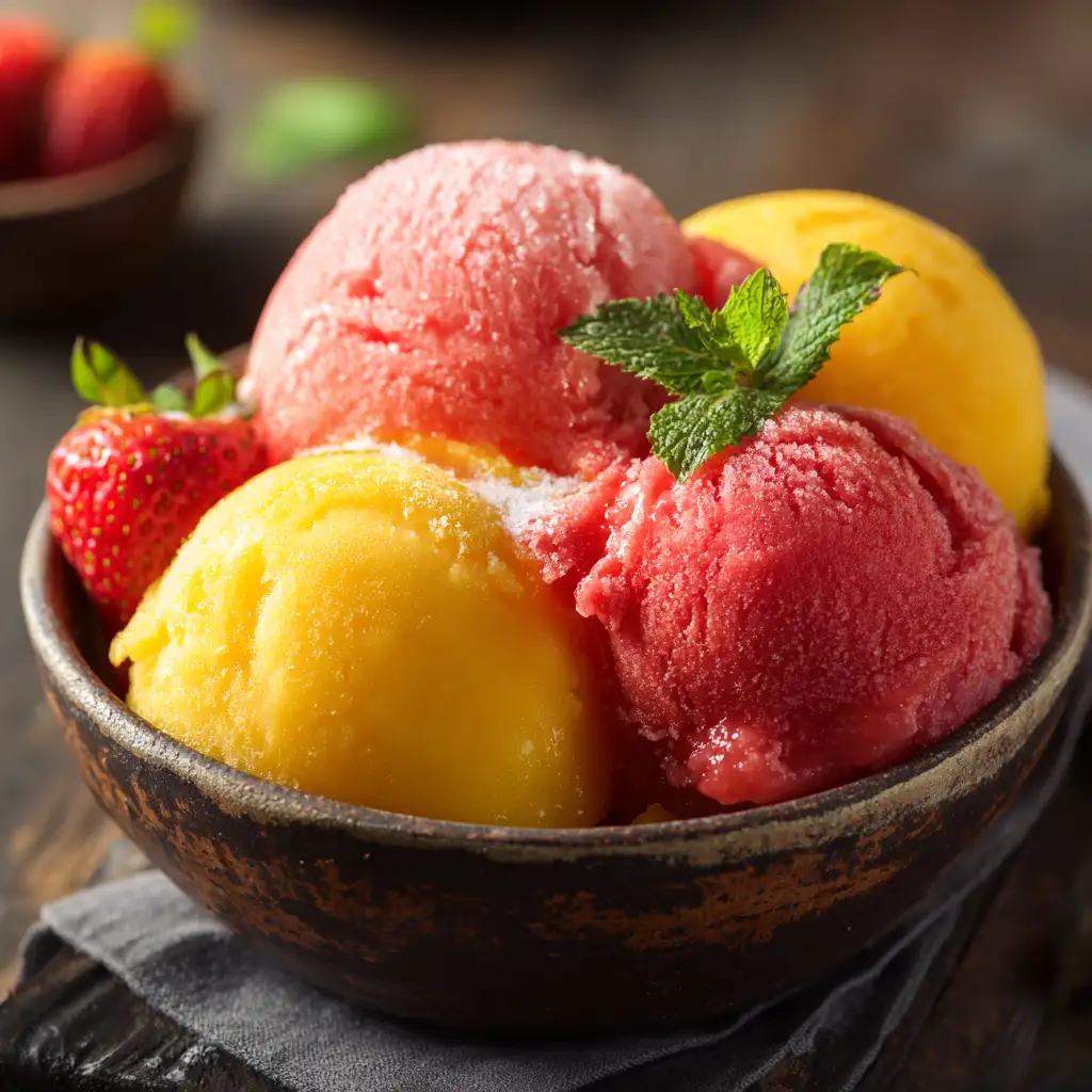 homemade fruit sorbet with mango and strawberry