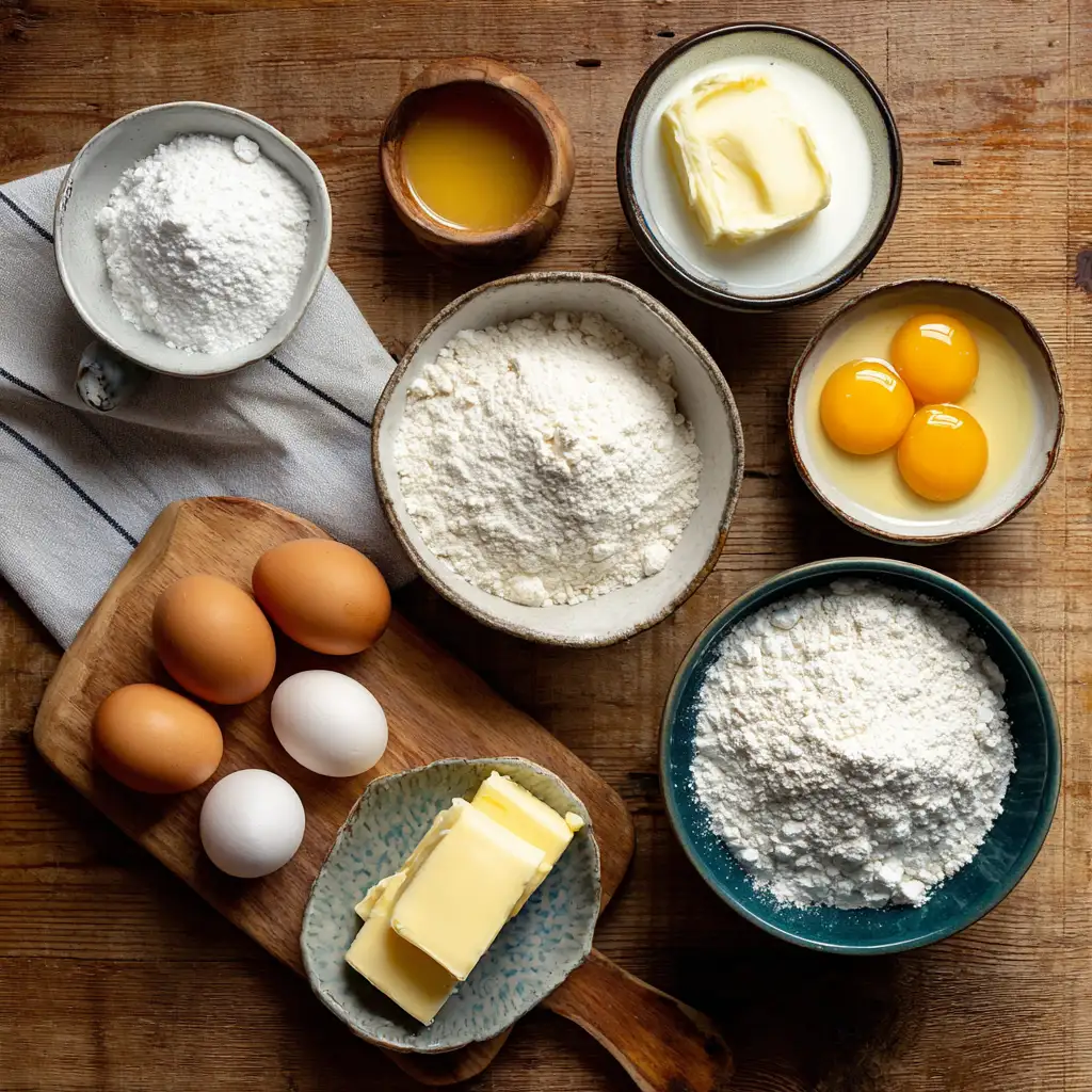 Ingredients for gluten free crepe recipe on wooden counter