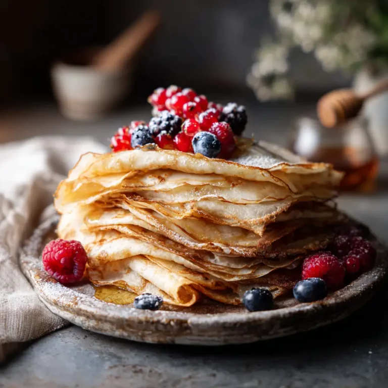 Gluten free crepe recipe on a rustic breakfast plate