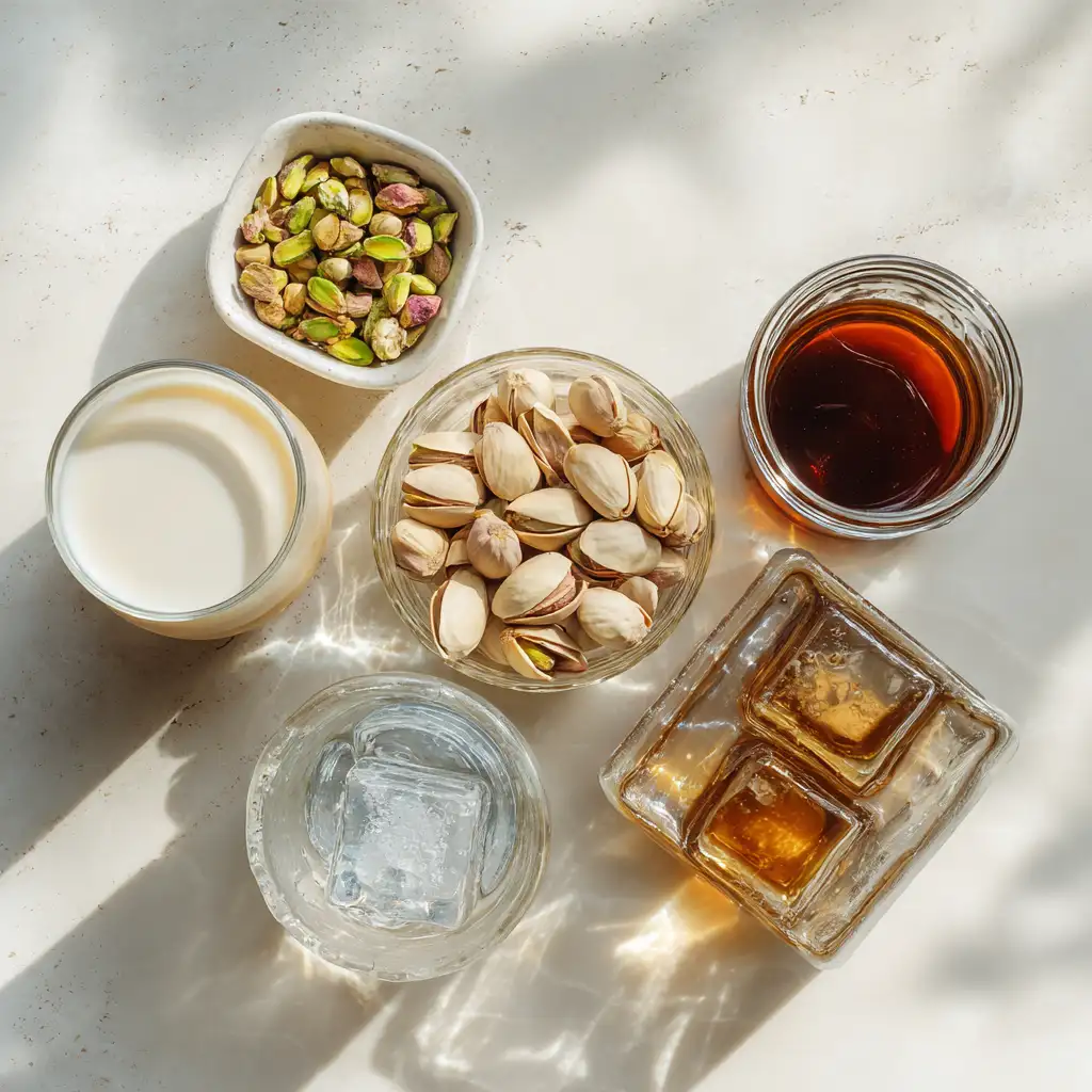 ingredients for iced pistachio latte