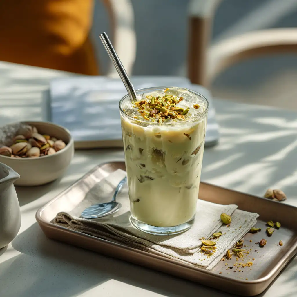 served iced pistachio latte with garnish