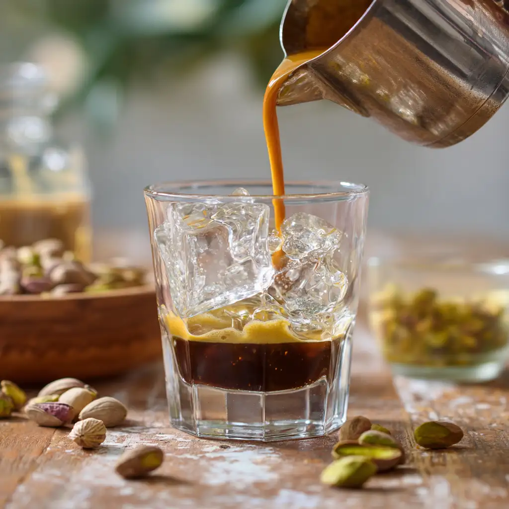 pouring espresso into iced pistachio mix