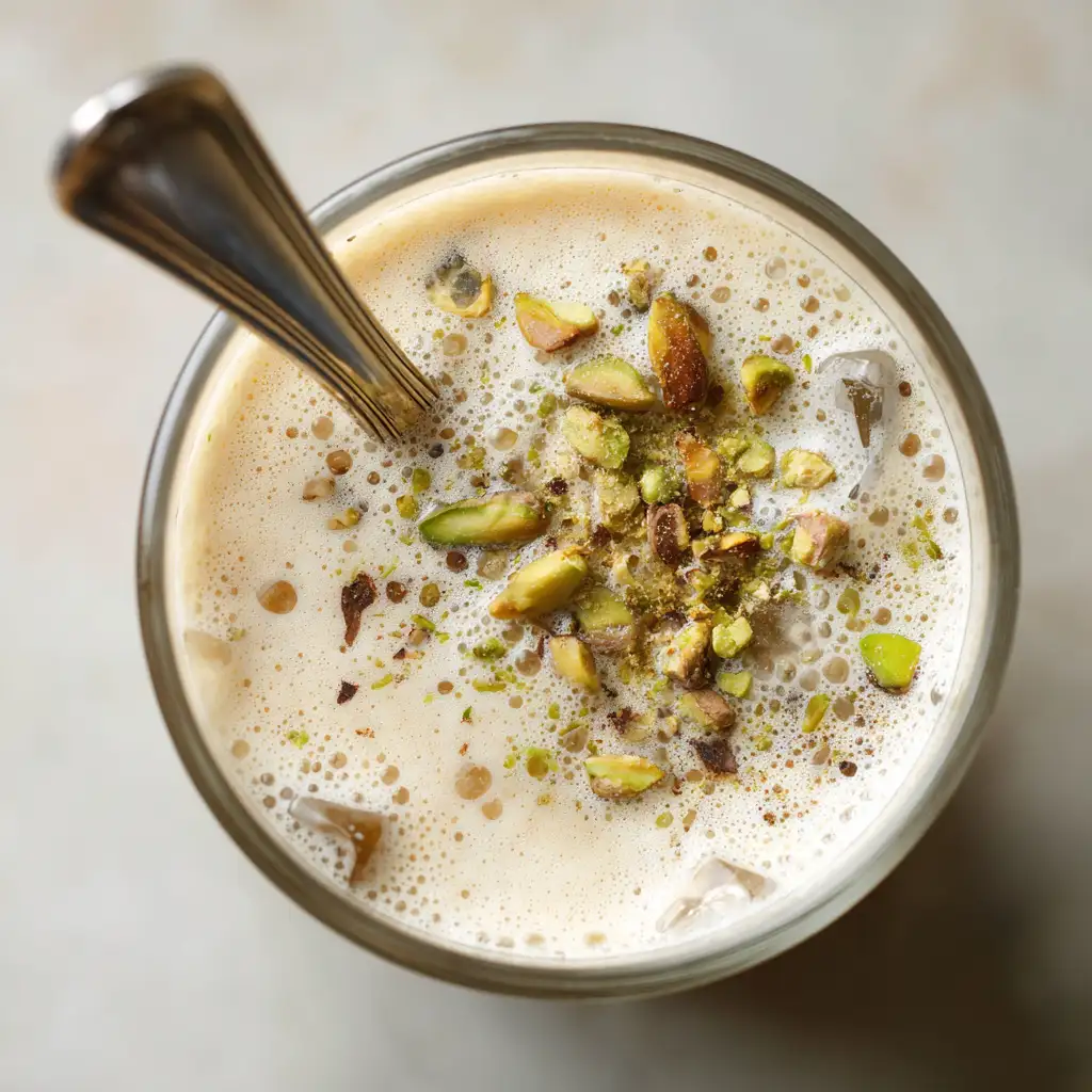 stirring iced pistachio latte