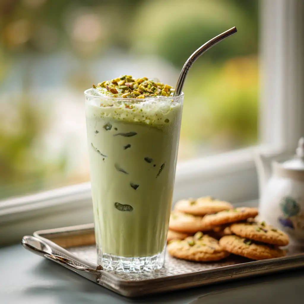 iced pistachio matcha latte served on a tray