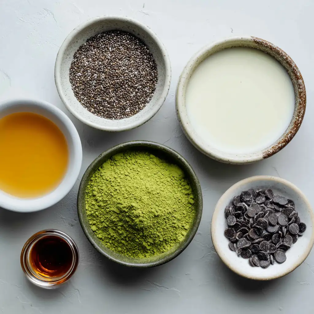 Matcha chia seed pudding ingredients flat lay