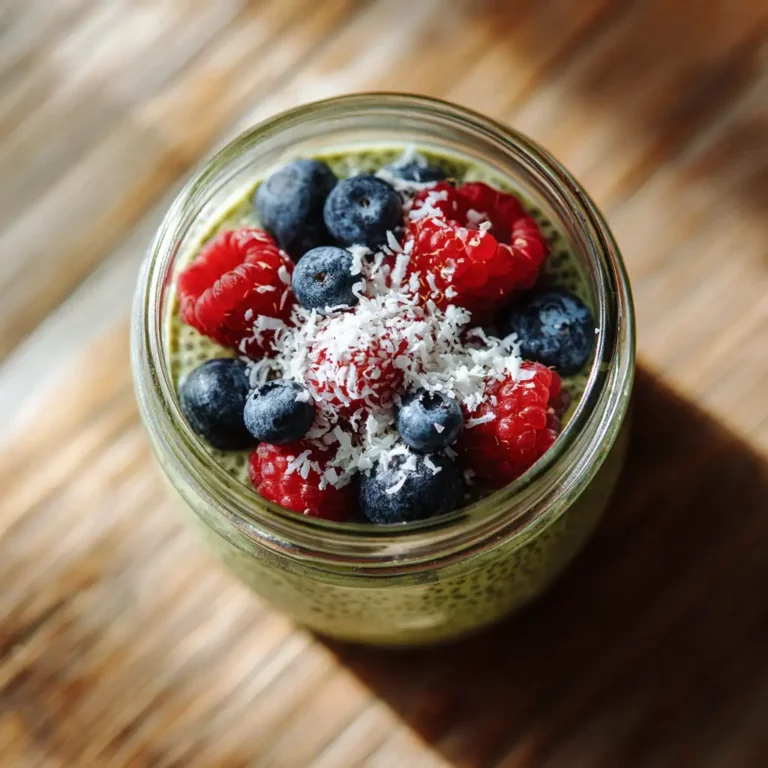 Matcha chia seed pudding in glass jar with toppings