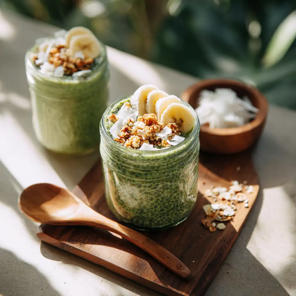 Matcha chia pudding with banana and coconut