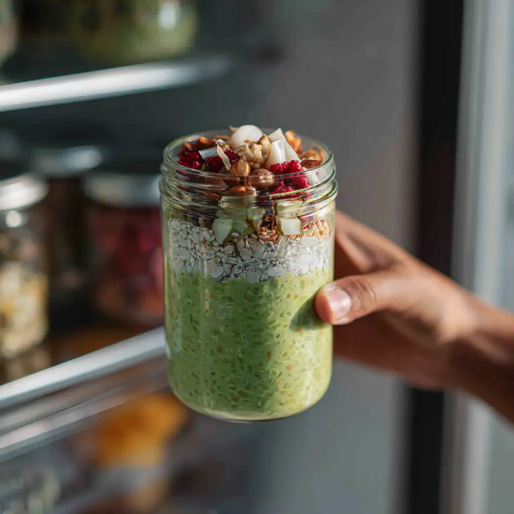Finished matcha overnight oats in fridge