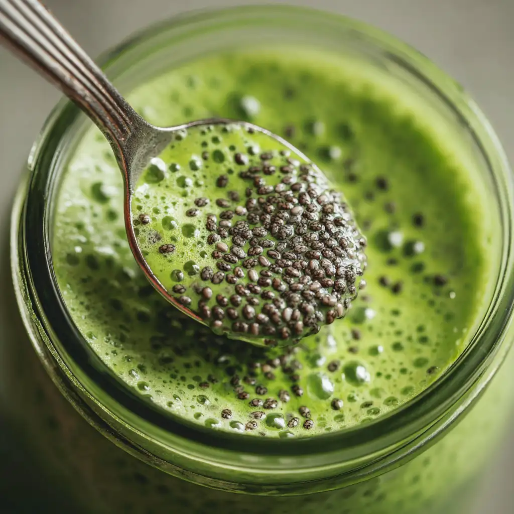 Mixing chia seeds into matcha