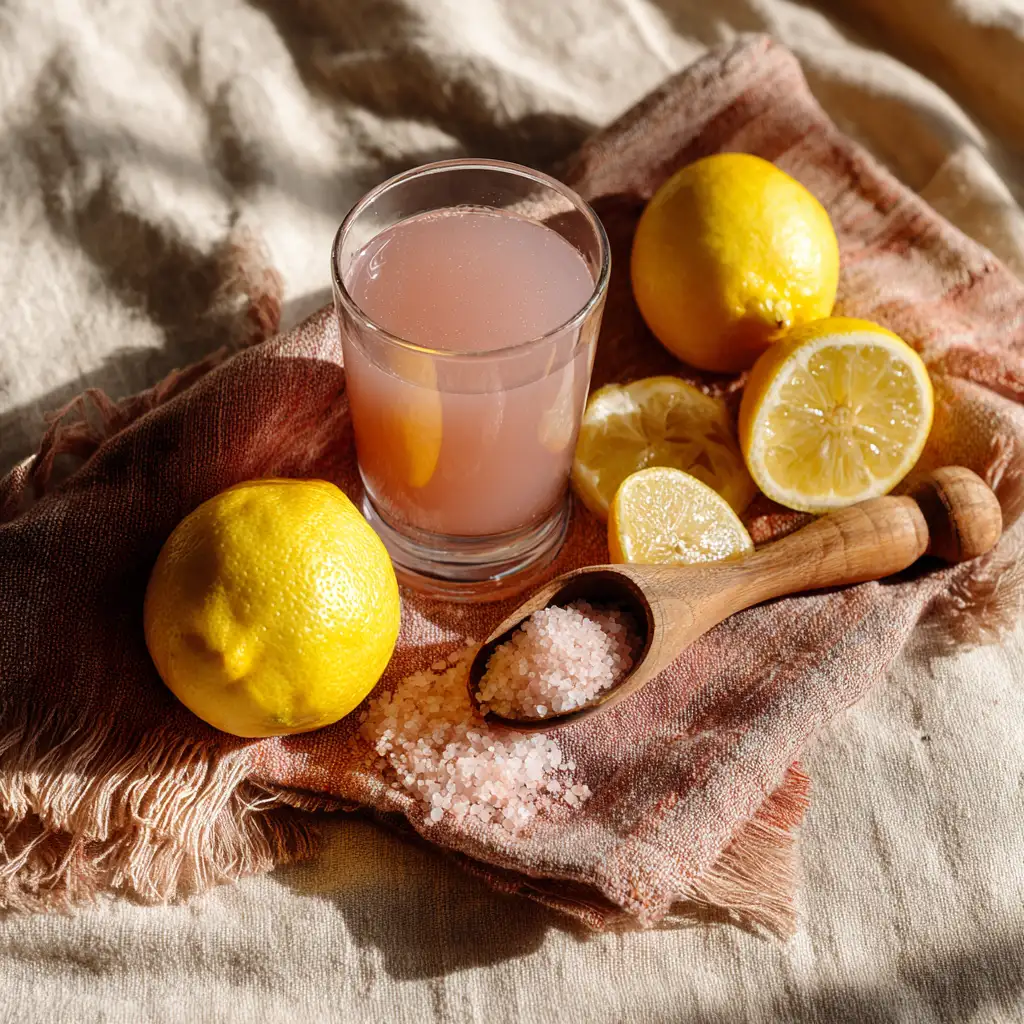 Pink salt diet drink in glass with lemon and salt