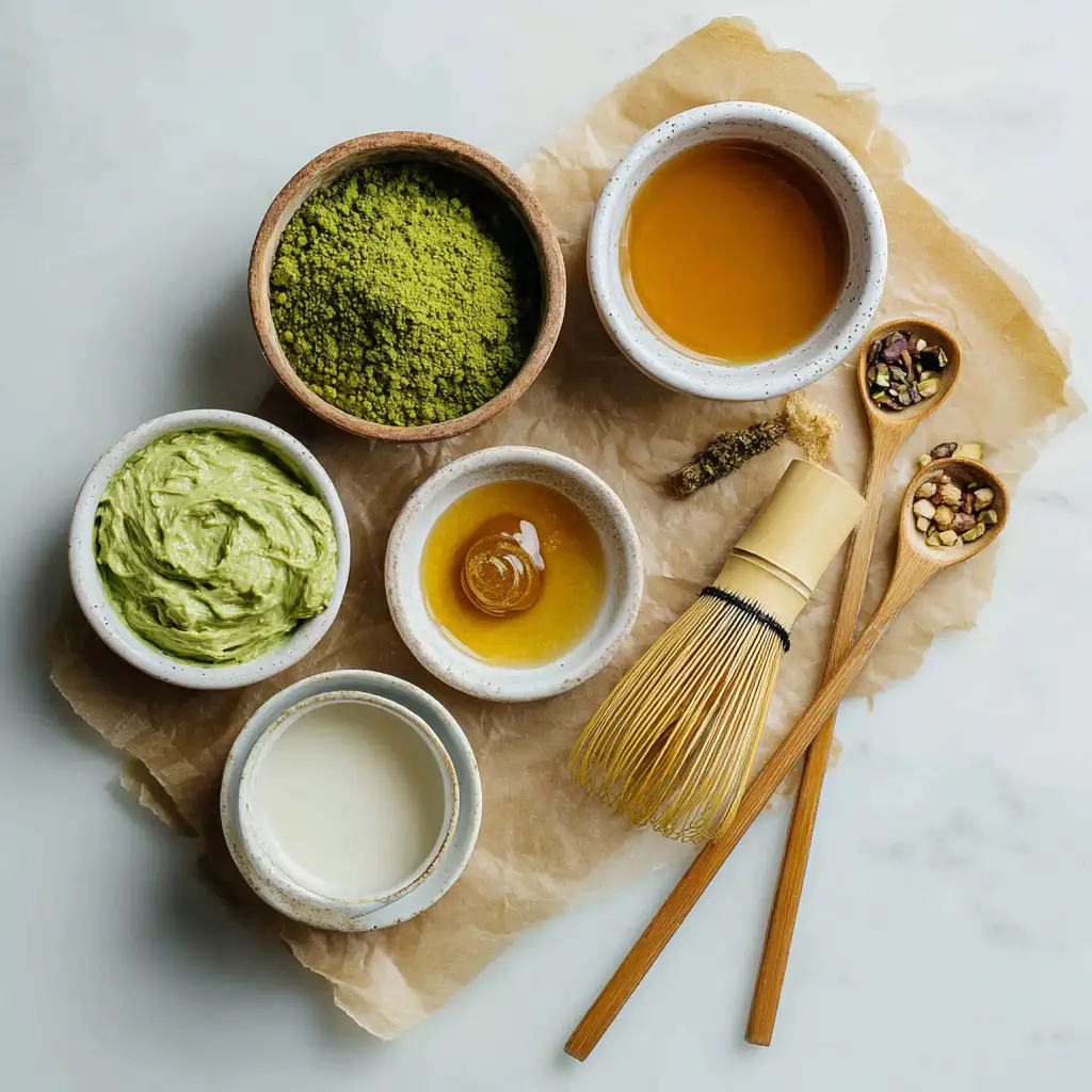 pistachio matcha latte ingredients on table