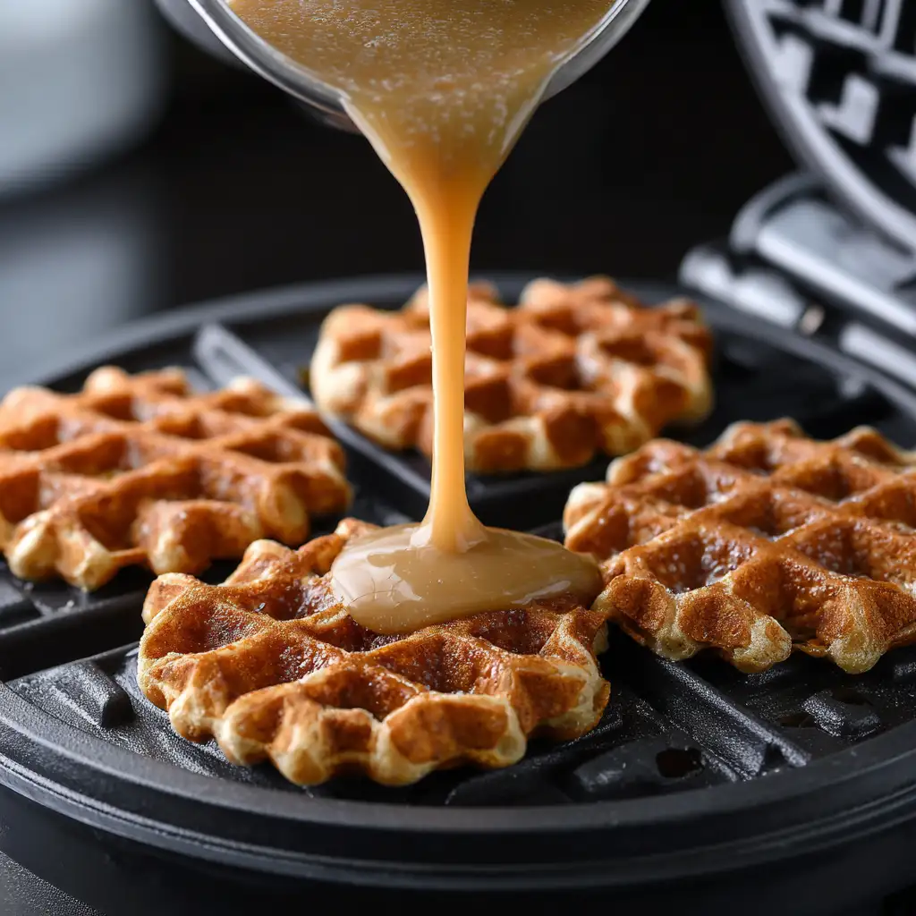 pouring dairy free waffle batter into waffle iron