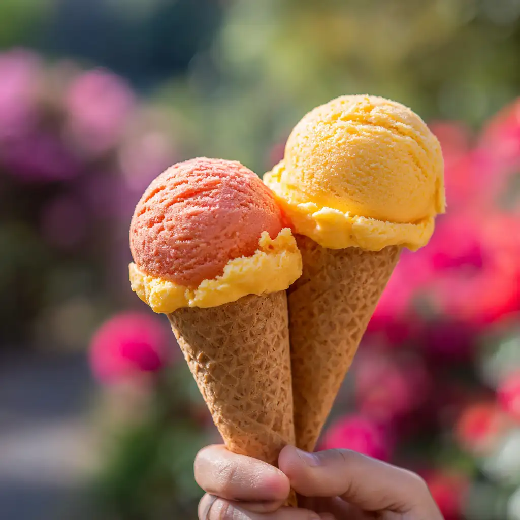 fruit sorbet cone served outdoors
