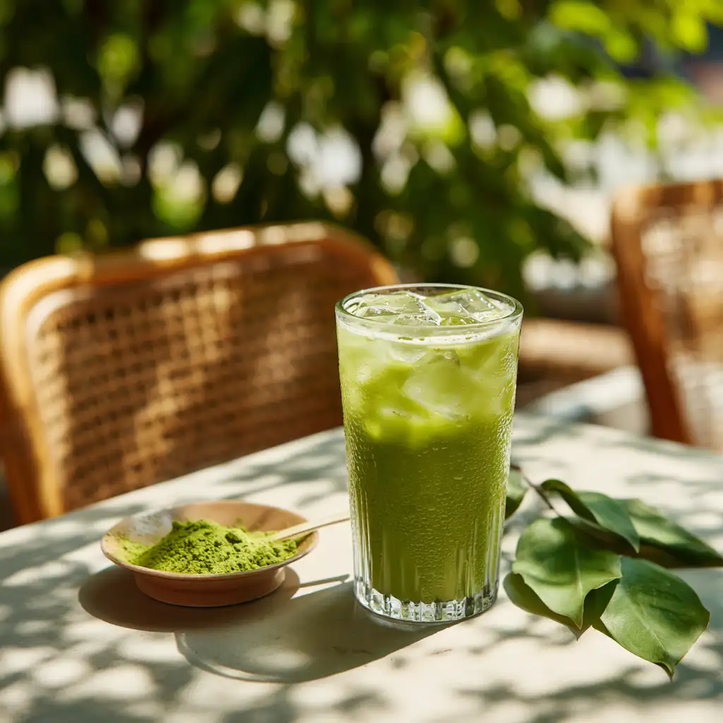 Glass of matcha and coconut water on patio