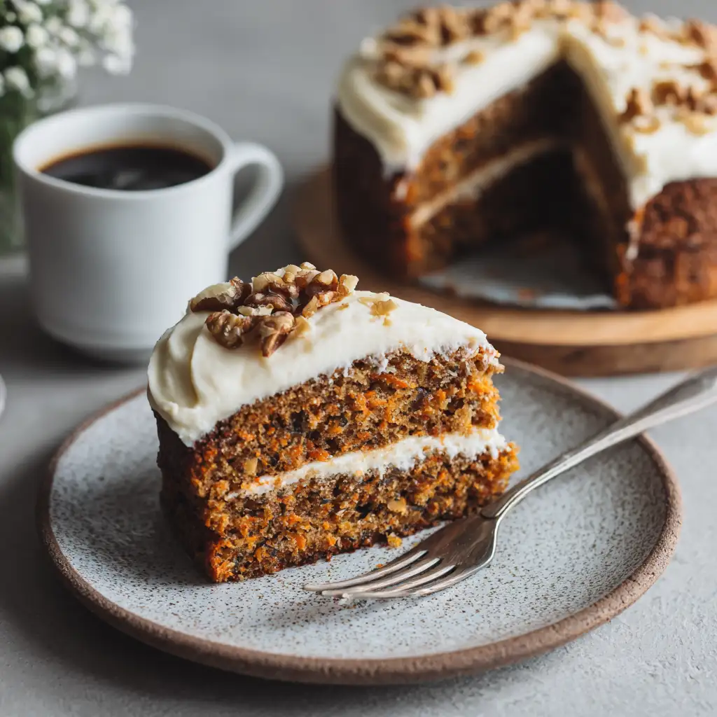 Vegan carrot cake slice with coffee