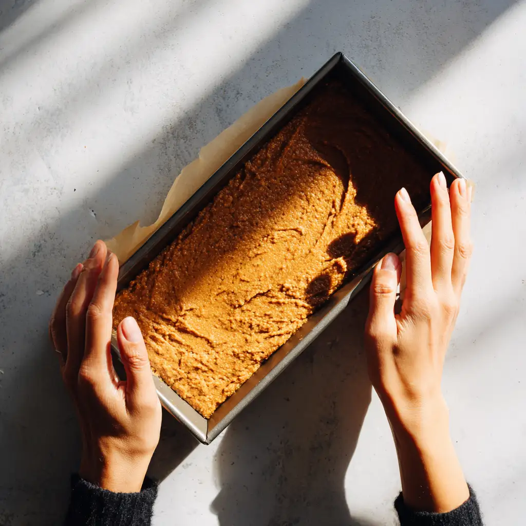 Pressing the nougat layer into pan for vegan Snickers