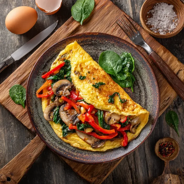 veggie omelette on ceramic plate with colorful vegetables