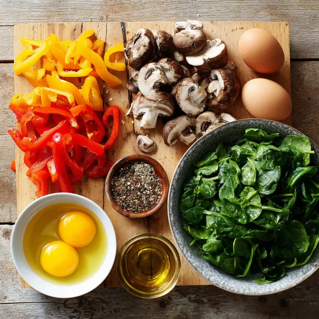 fresh ingredients for veggie omelette on wooden counter