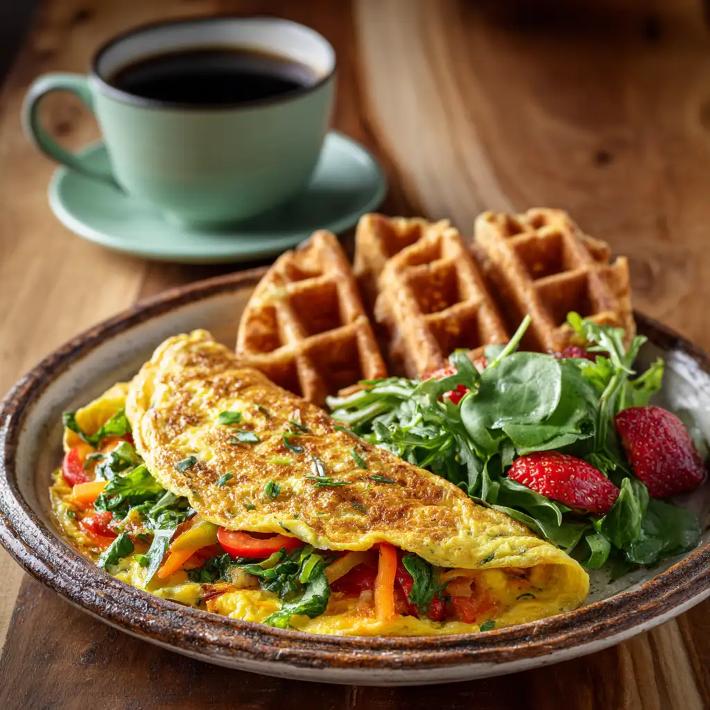 veggie omelette with waffles and salad on plate