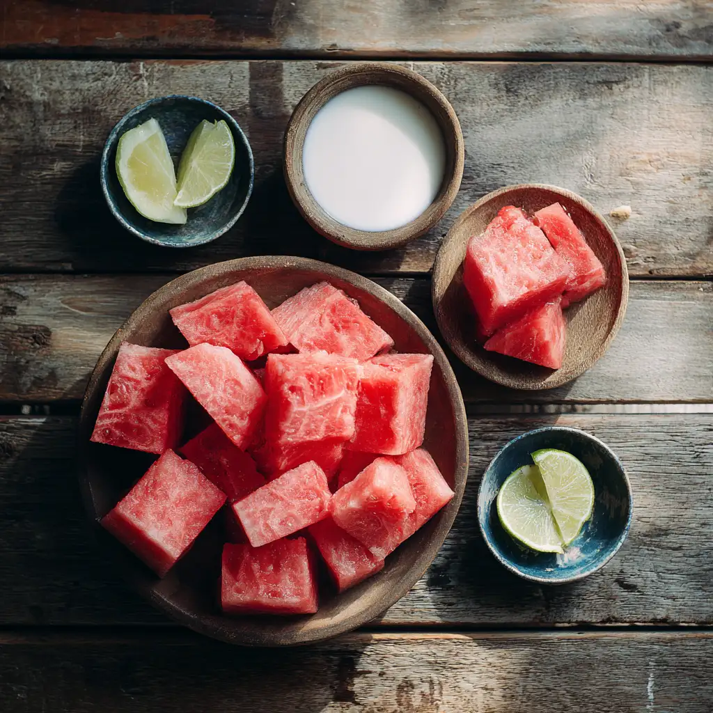 watermelon ice cream ingredients flat lay