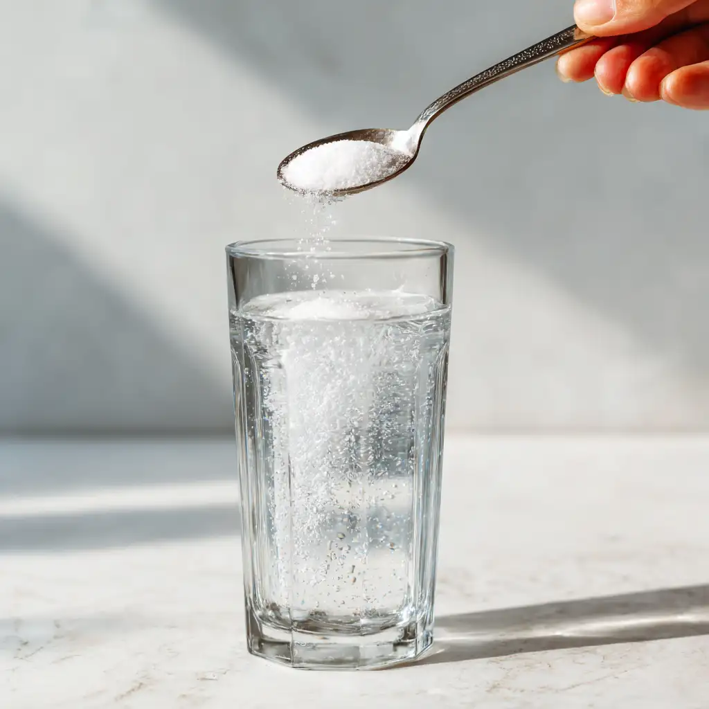 Adding baking soda to ice water glass