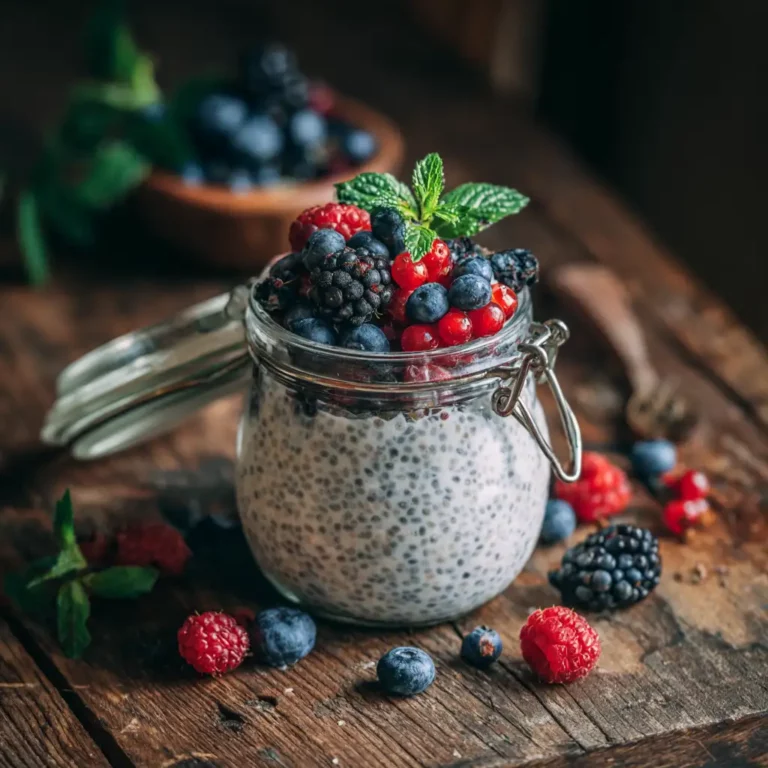 coconut milk and chia seed pudding in jar with berries