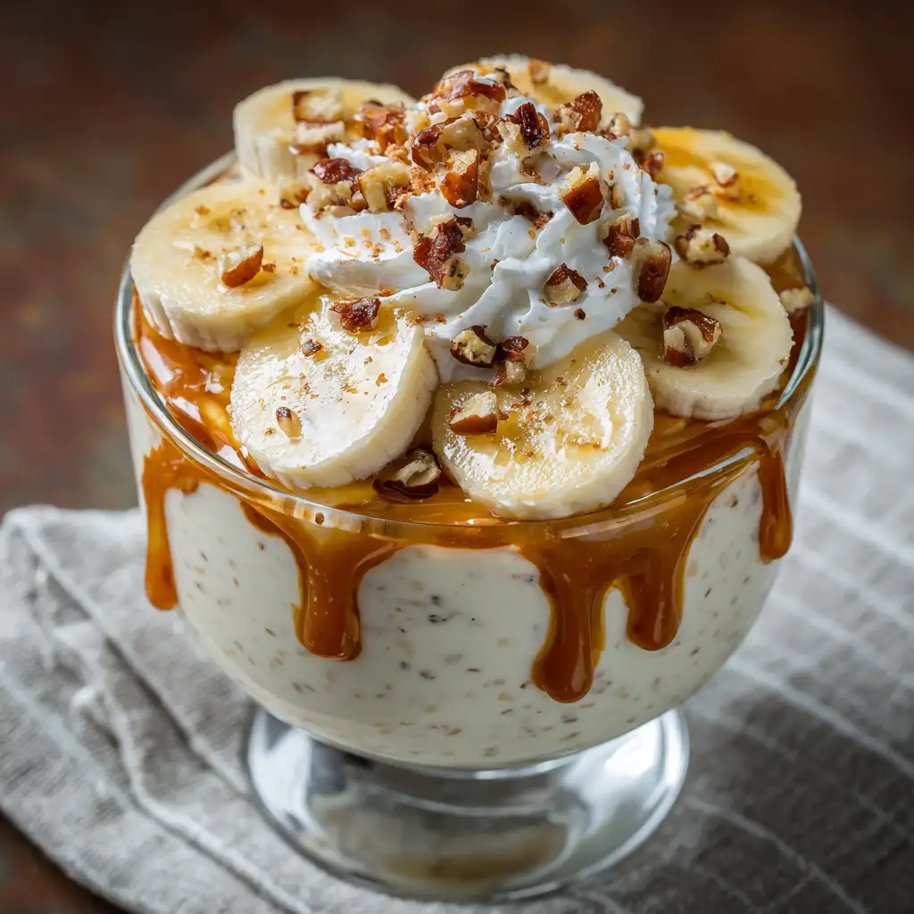 A serving of high protein cottage cheese banana pudding, a creamy, sweet, and no-bake dessert.