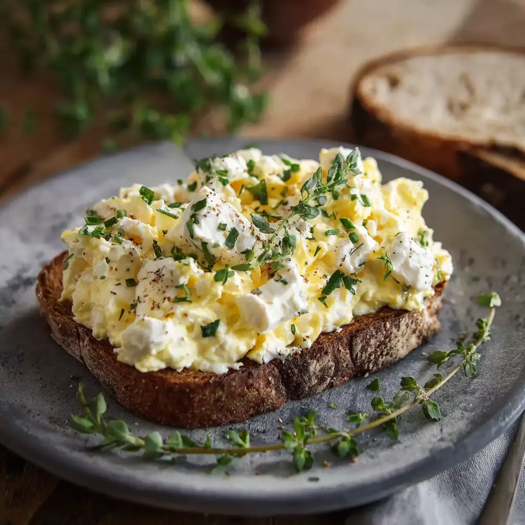 A creamy cottage cheese egg salad served on a sandwich, a healthy and easy-to-make dish.