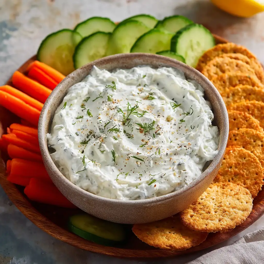 A bowl of creamy cottage cheese ranch dip surrounded by fresh veggies, perfect for a protein-packed snack.