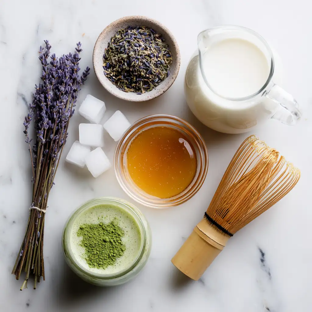 iced lavender matcha latte recipe ingredients on marble