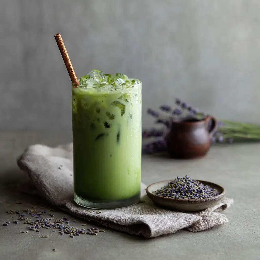 iced lavender matcha latte recipe served in tall glass with lavender buds