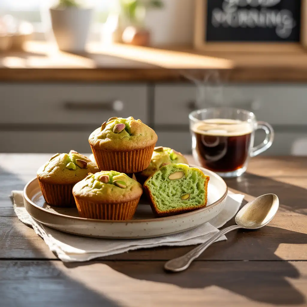 Served pistachio muffins on a plate