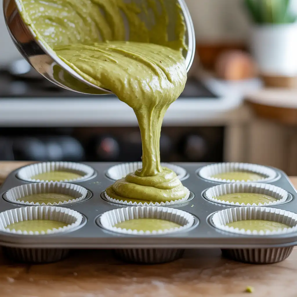 Scooping pistachio muffin batter into pan