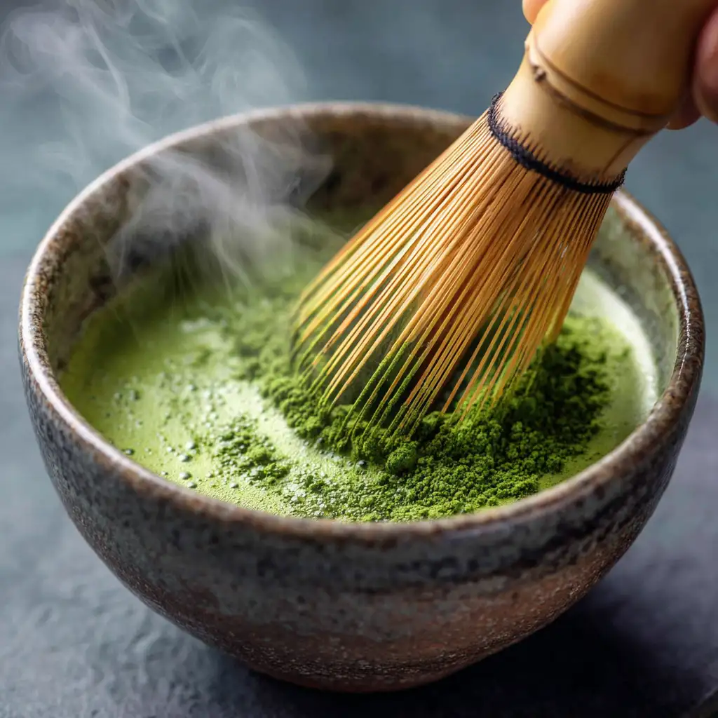 whisking matcha powder for iced lavender matcha latte recipe
