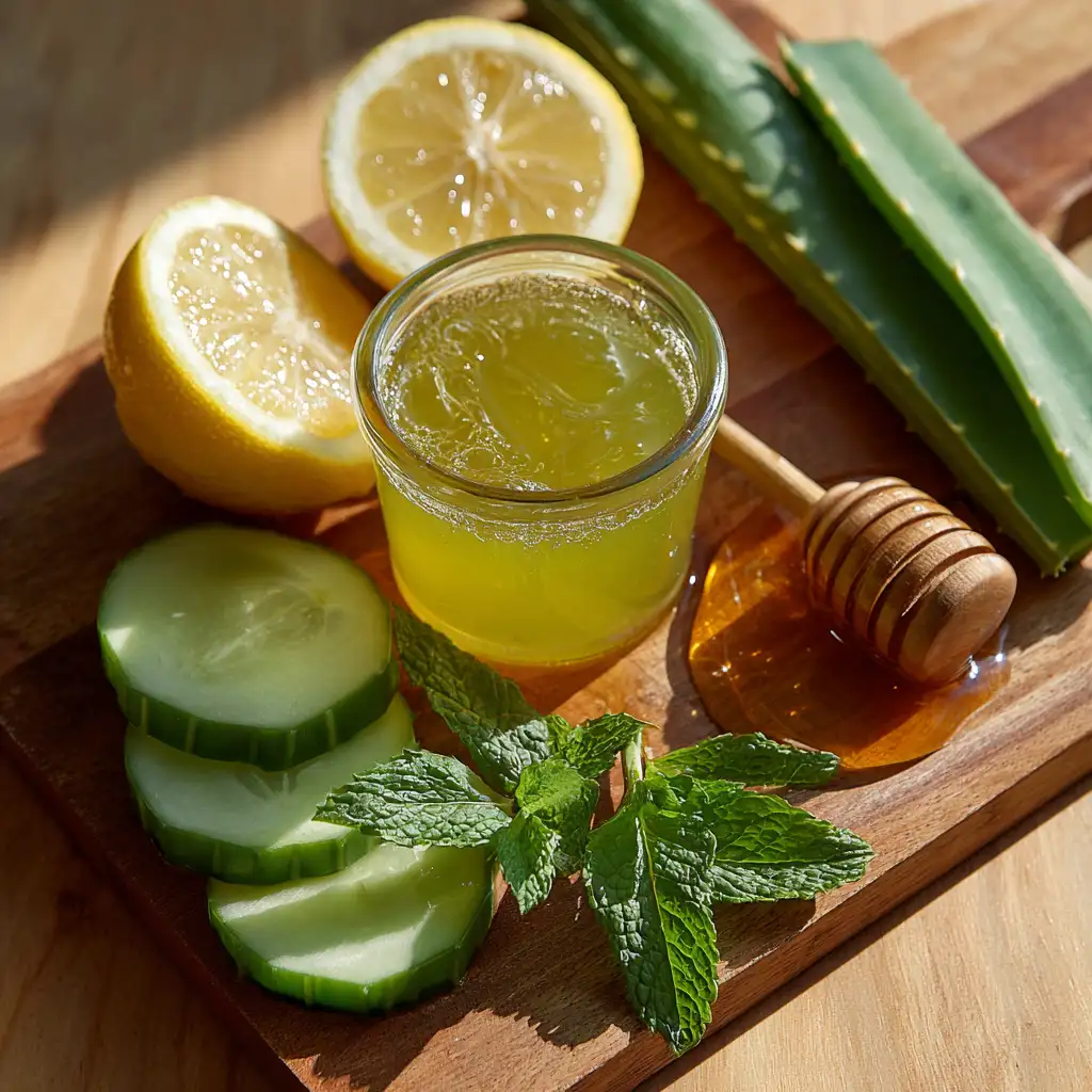 Aloe vera detox juice ingredients on kitchen board