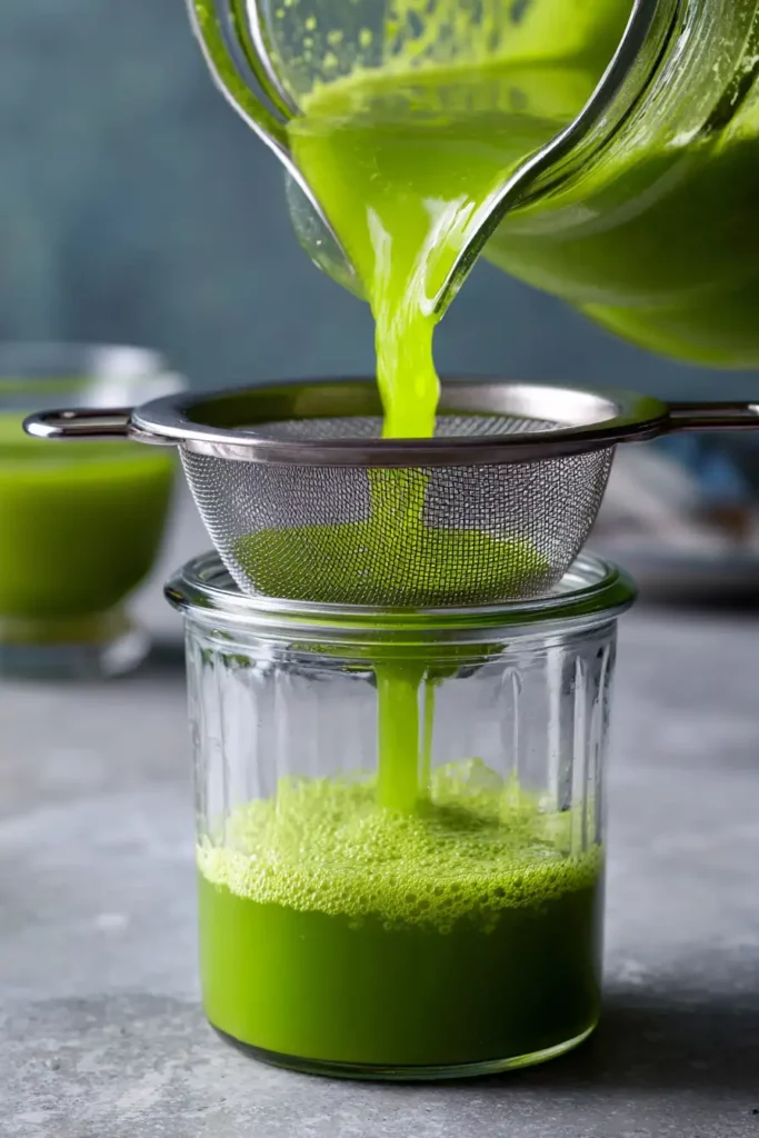Blending and straining green spinach apple juice