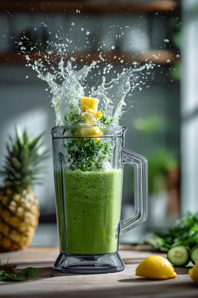 Blending pineapple parsley detox smoothie in a blender
