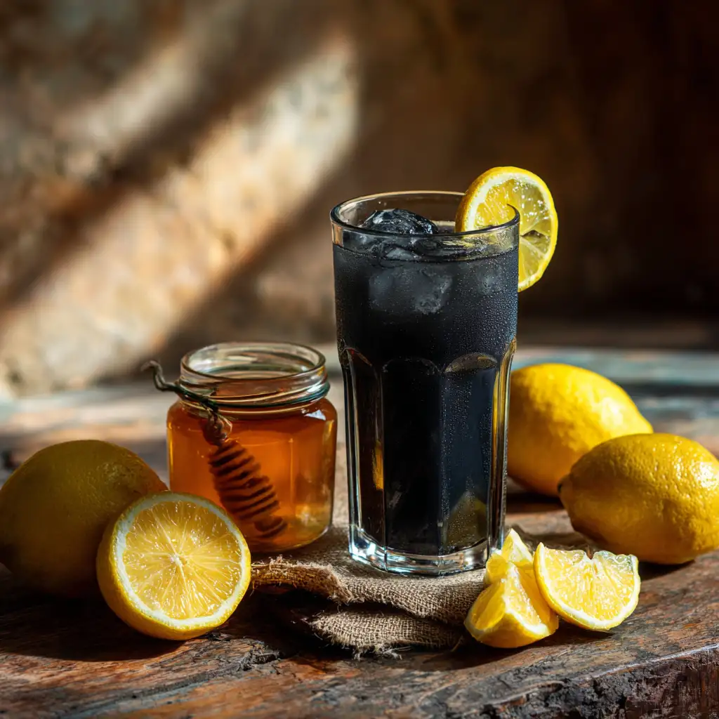 Charcoal lemonade cleanse in glass with lemon slices