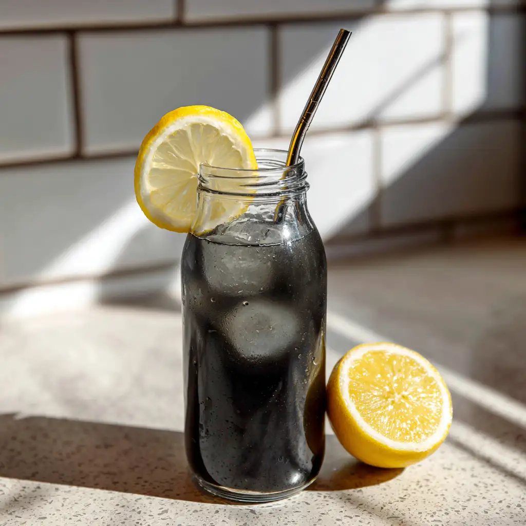 Served charcoal lemonade cleanse with lemon garnish
