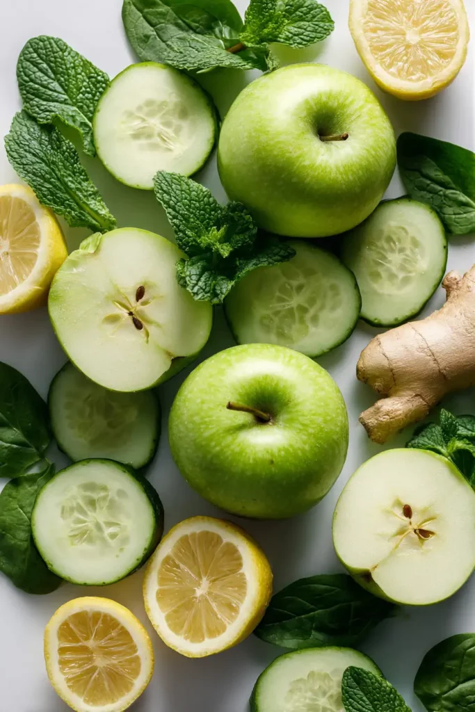 Ingredients for green apple spinach flush juice