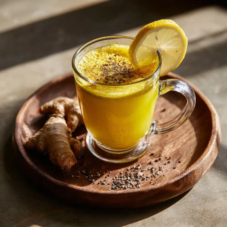 Served turmeric detox drink with lemon and pepper