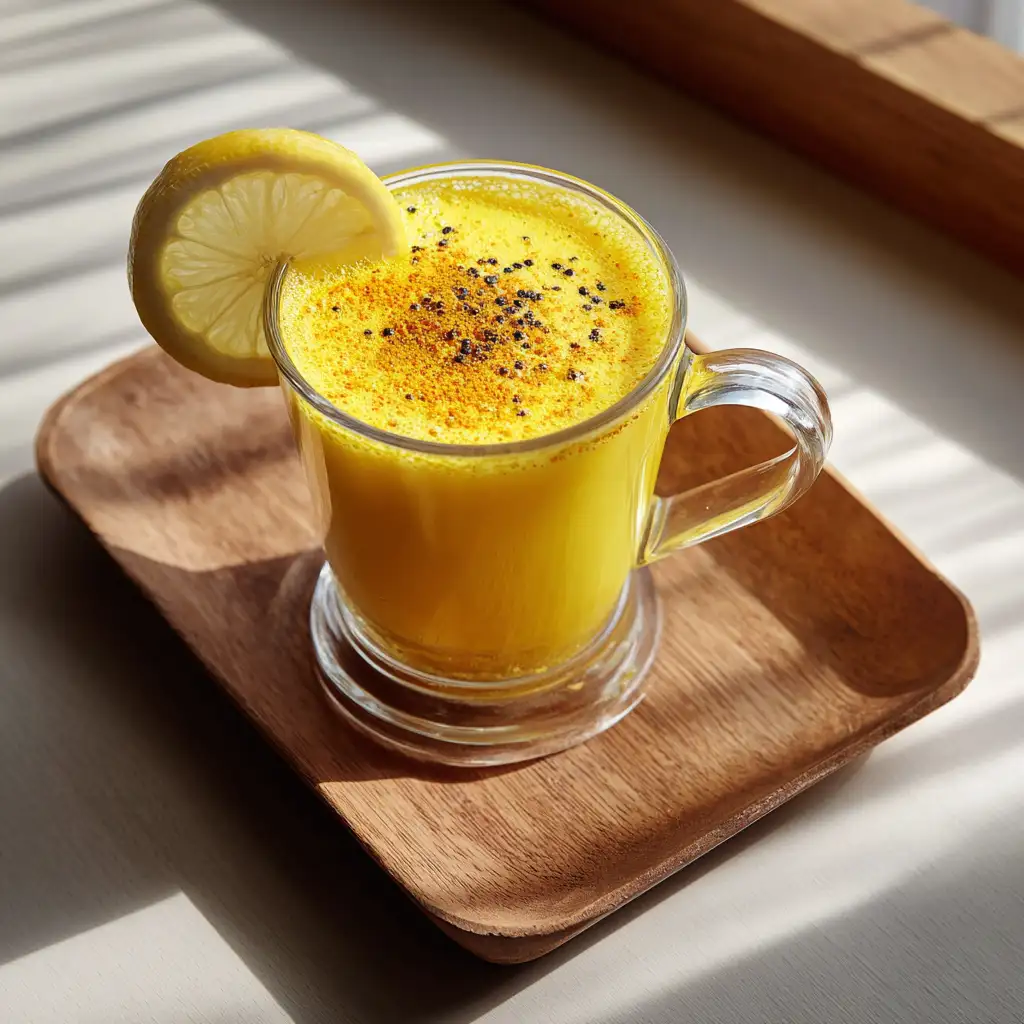Served turmeric detox drink with lemon and pepper