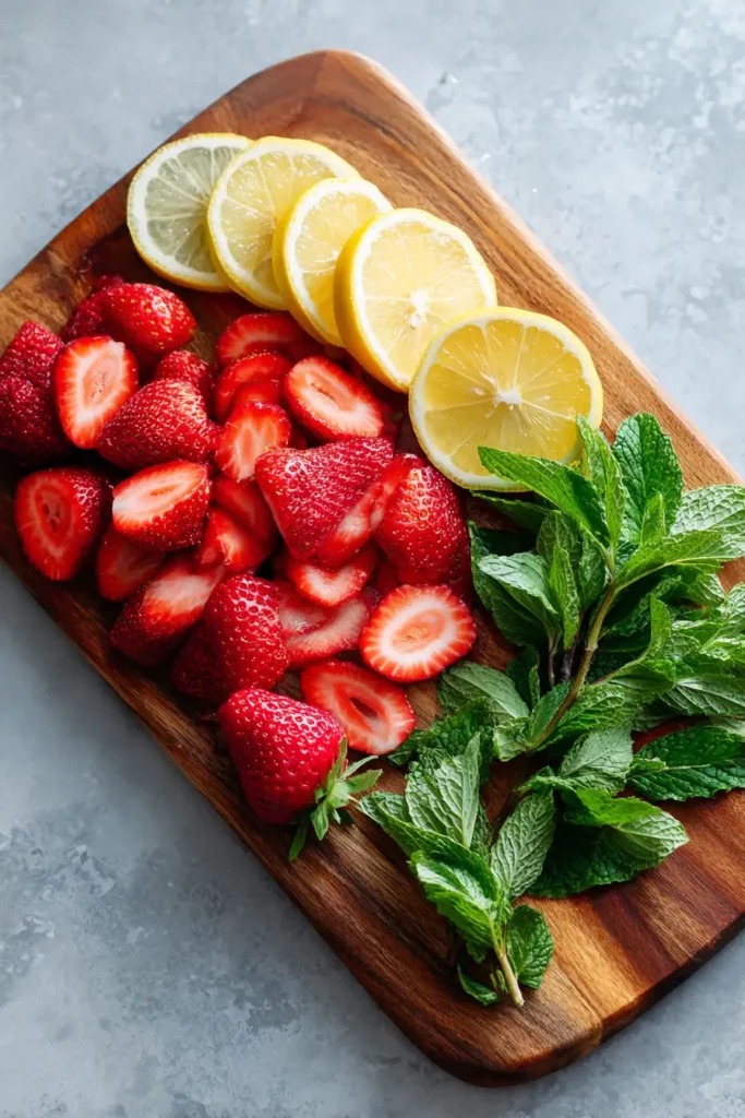 Sliced strawberries, lemon, and mint for detox water