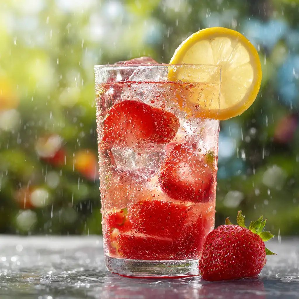 Glass of chilled strawberry lemon detox water